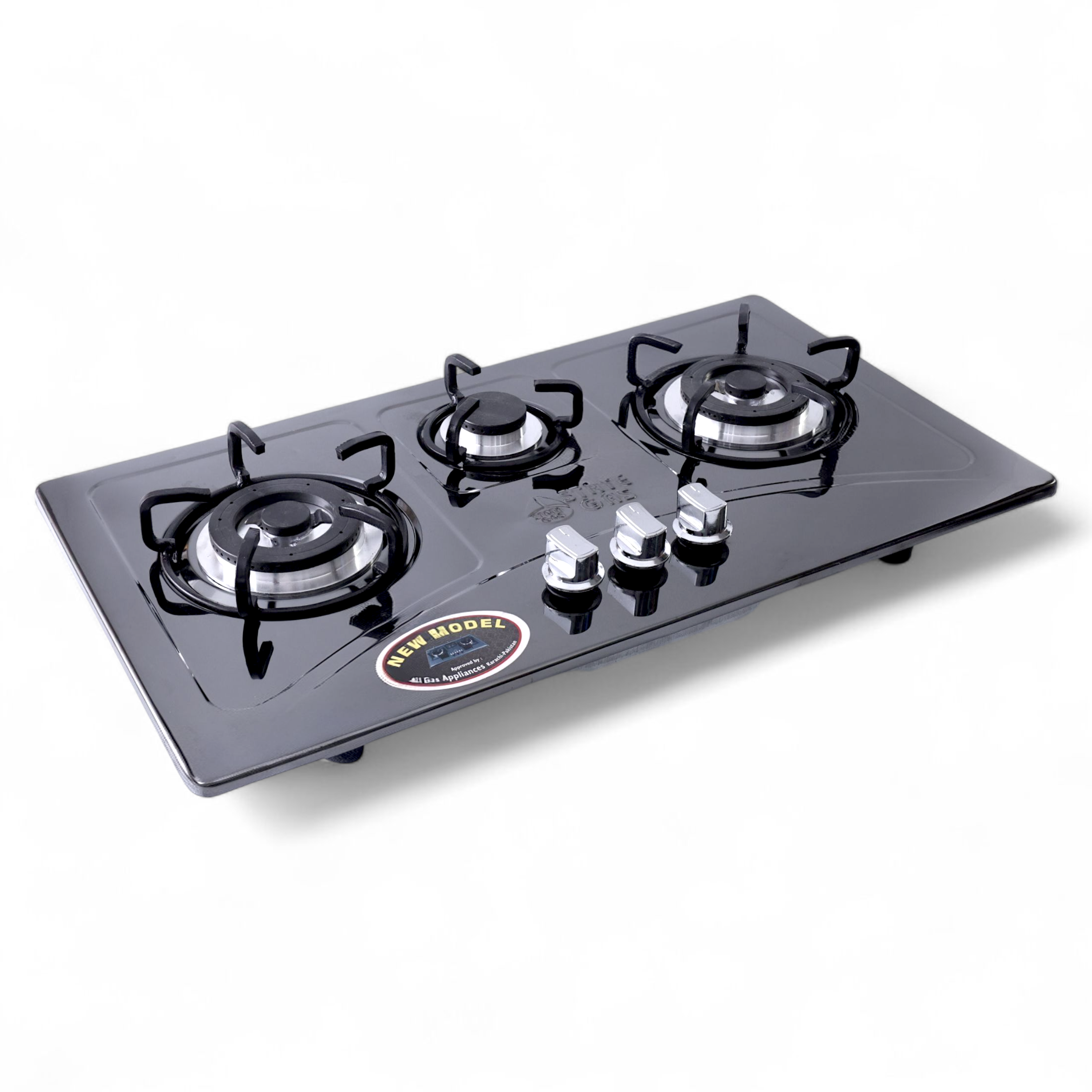 Black glass top gas stove with three burners